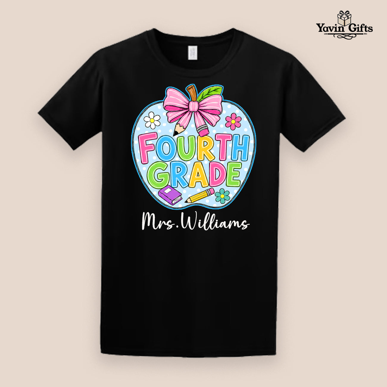 Teacher Bow & Apple Grades (Pre-K to 5th) Personalized name