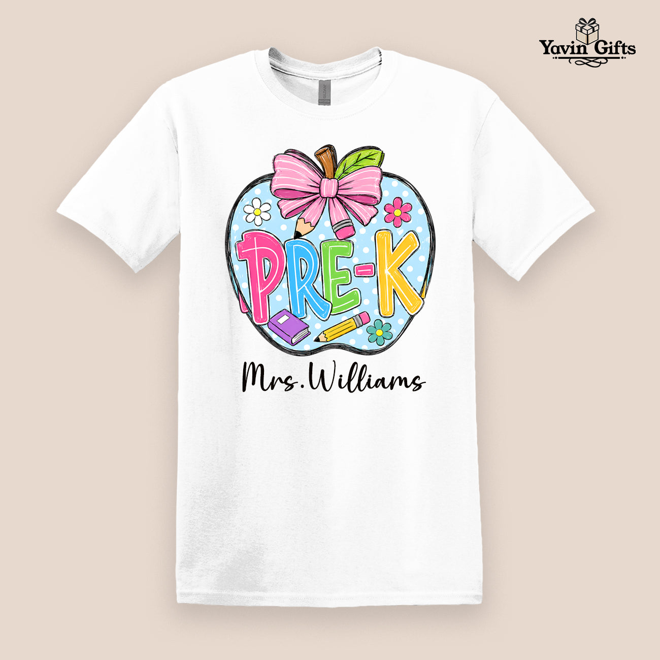Teacher Bow & Apple Grades (Pre-K to 5th) Personalized name