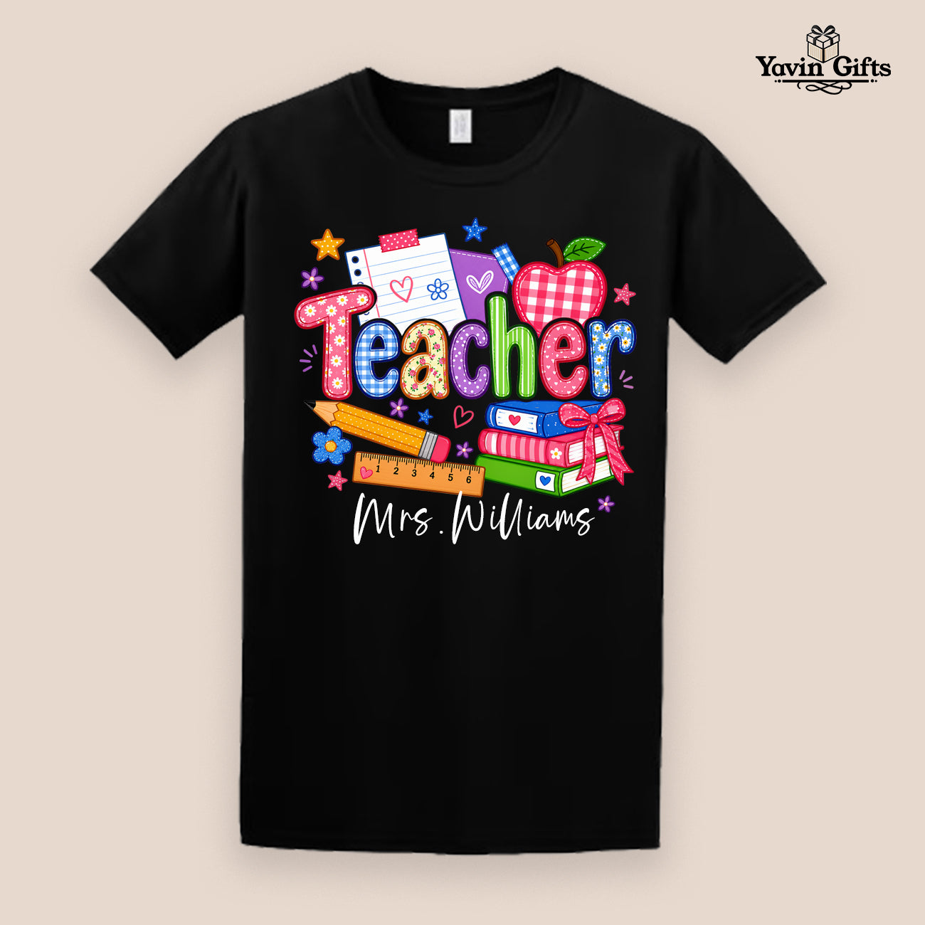 Teacher Apple, Books & Bow (Personalized name)